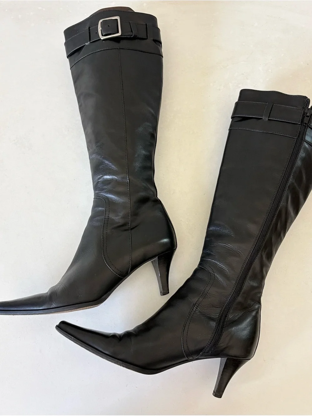 Coach Black Full Leather Knee High Pumps Boots Point Toe Zip Womens Size 7 Italy